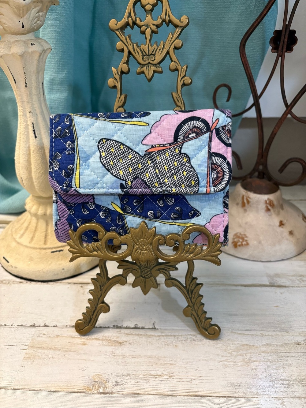 Vera Bradley Quilted Floral Patchwork Wallet in Blue & Pink Butterfly Print